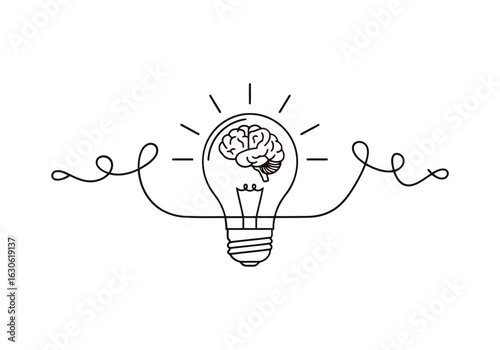 Vector art of minimalist line drawing of a lightbulb with a brain inside, symbolizing a creative idea on isolated background
