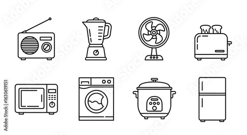 Outline icons depicting household appliances: radio, blender, fan, toaster, and more, Isolated line drawing of home electronics collection: appliances for kitchen, laundry, and comfort