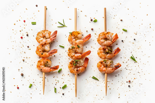Three skewers of grilled shrimp with herbs and spices on a white surface, top down view