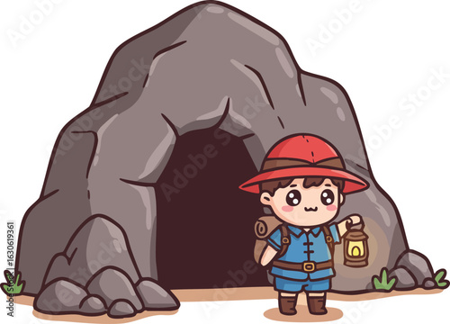 Young male explorer holding lantern outside dark cave entrance in cartoon style vector illustration 