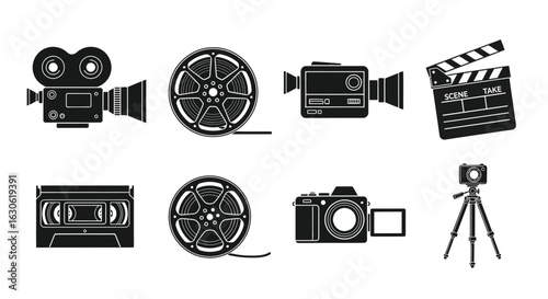 Silhouetted Film Industry Essentials, A Set of Vintage and Modern Film Equipment Depicted in Black