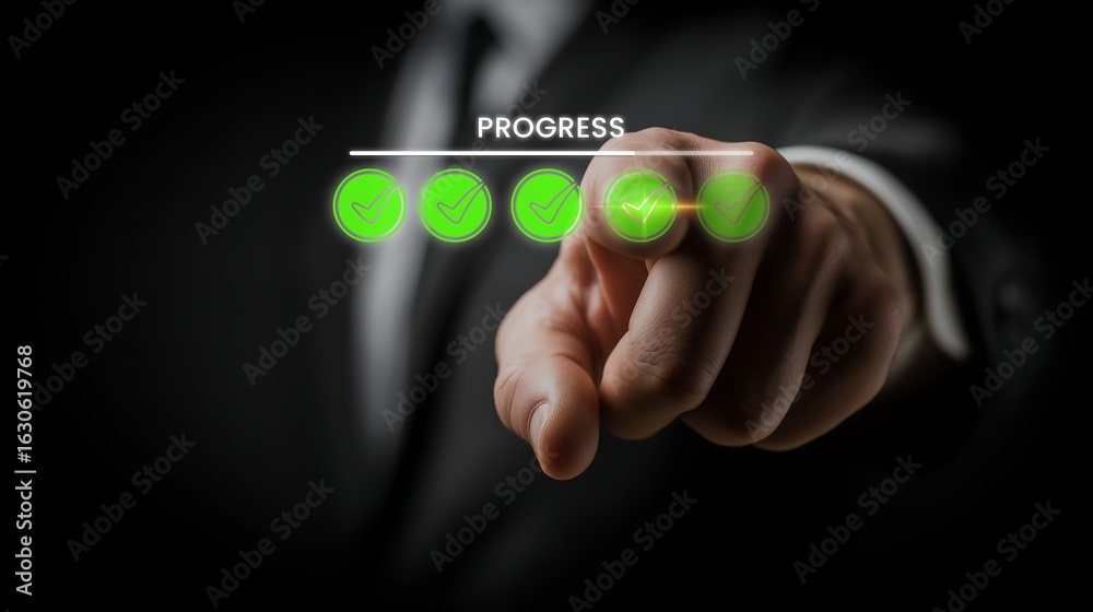 Fototapeta premium Businessman in suit pointing at illuminated green progress bar with completed check marks symbolizing business advancement, project completion, workflow efficiency, and successful achievements