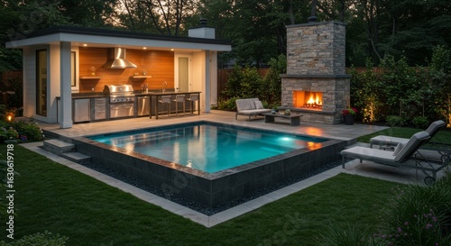 Luxury Backyard Pool and Outdoor Kitchen Design - Stunning evening view of a modern backyard oasis featuring a sleek infinity pool, outdoor kitchen, and cozy fireplace. Perfect for entertaining