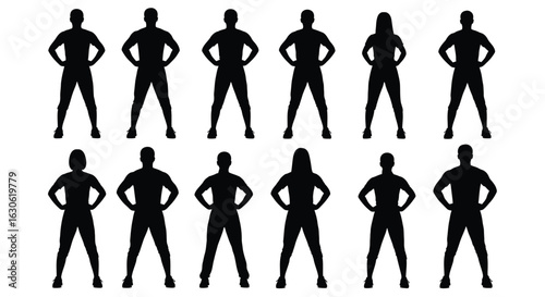 A diverse group of individuals depicted as black silhouette icons, poised and ready, Silhouettes of athletic figures striking a heroic pose