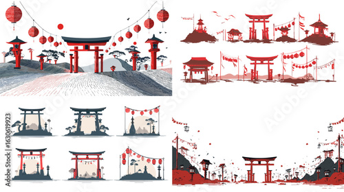 Traditional Japanese torii gate illustrations with lanterns, shrines, and festive decorations in minimal red and black color palettes. Perfect for cultural or travel themes.

