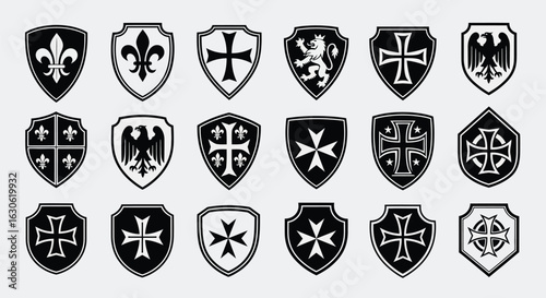 Collection of Medieval Shield Designs with Heraldic Motifs, Vintage Heraldry and Knightly Emblems for Design Projects