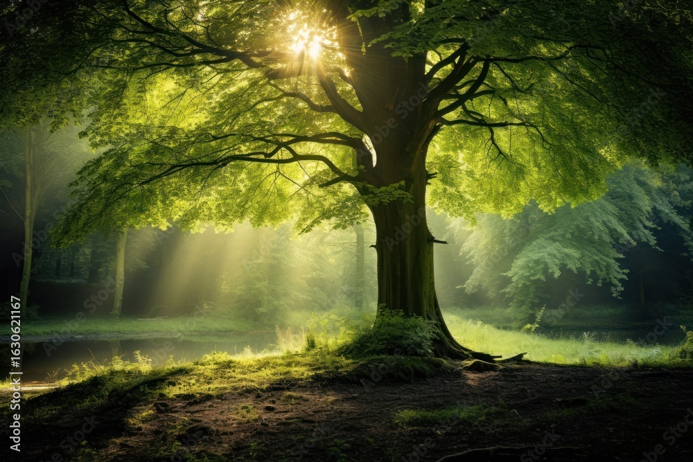 Naklejka premium Tree in tranquil meadow forest light landscape.
