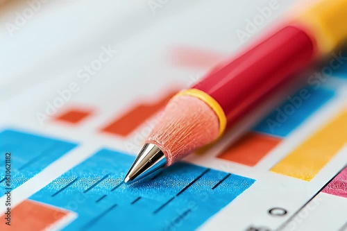 Vibrant Pen on Colorful Chart: Close-Up Macro Shot of Data Analysis