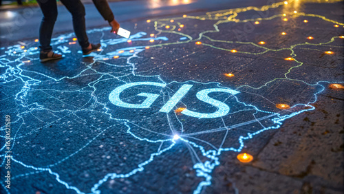 A glowing gis map projected on the ground with a person holding a phone
