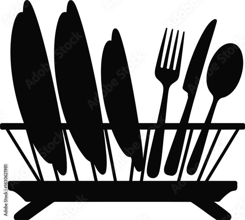 Dish Rack with Plates and Cutlery Silhouette Vector Illustration, Transparent Background.