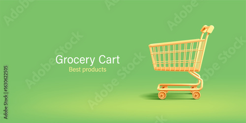 3D yellow empty grocery cart for goods and products. Green banner for eco products advertising concept, discount coupons. Vector illustration.
