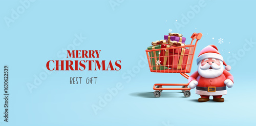 Merry Christmas banner. Best gifts for the holidays. 3D Santa Claus, shopping cart with best gifts. For special offer concepts. Vector illustration.