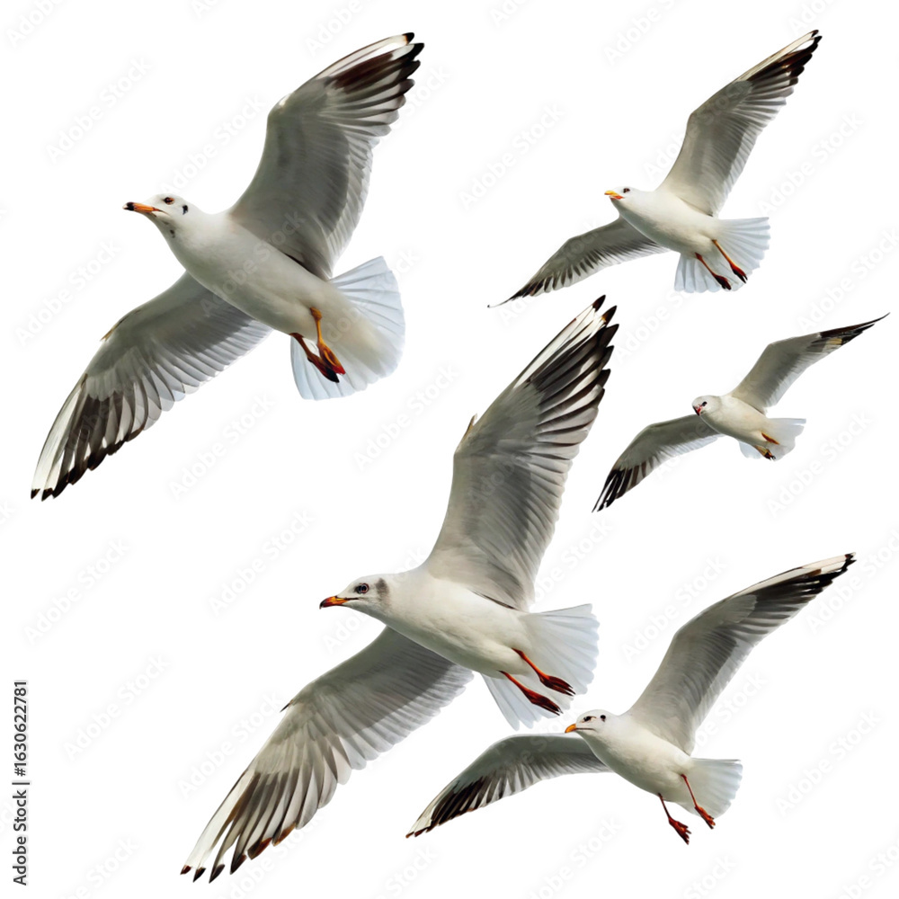Obraz premium Seagulls flying in the sky isolated on transparent background 