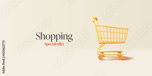 Yellow shopping cart, 3D. Empty cart, for shopping concepts, buying products and goods. Hardware store, pharmacies, clothing stores. Vector illustration.