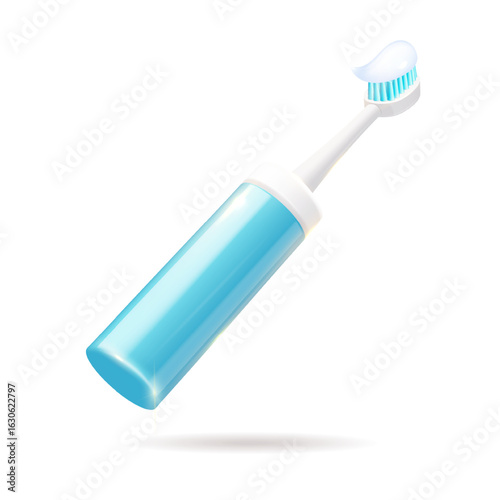 An electric toothbrush equipped with a generous amount of toothpaste atop its bristles, ready for use in your daily oral care routine