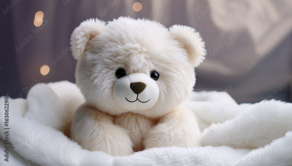 a fluffy white teddy bear sits on a plush white blanket a fluffy white teddy bear sits on a plush white blanket