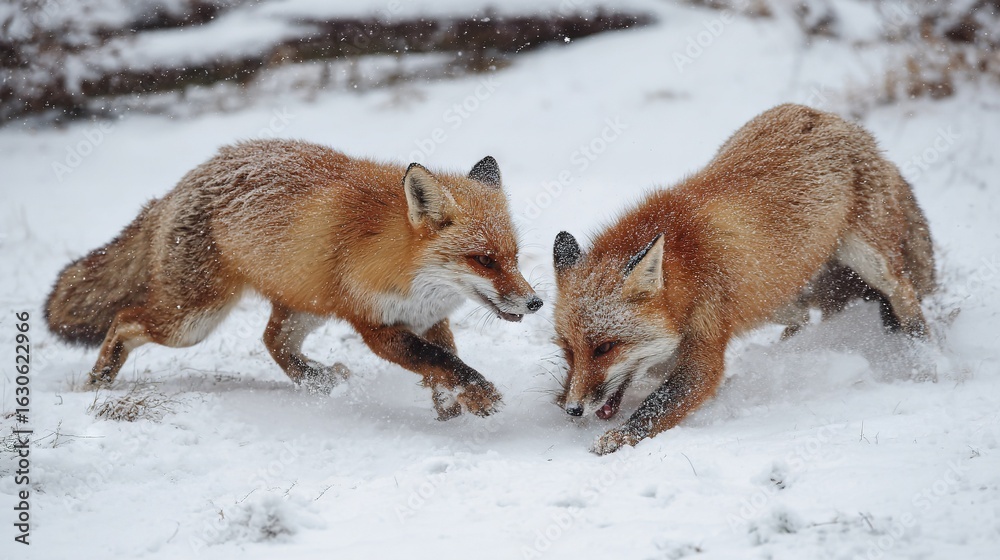 Two red foxes playing in snow, tail-twined, eye-staring Two red foxes playing in snow, tail-twined, eye-staring