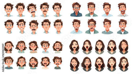 Fun cartoon character face pack showing various male and female facial expressions, including emotions like happy, sad, angry, surprised — ideal for animation and games.

