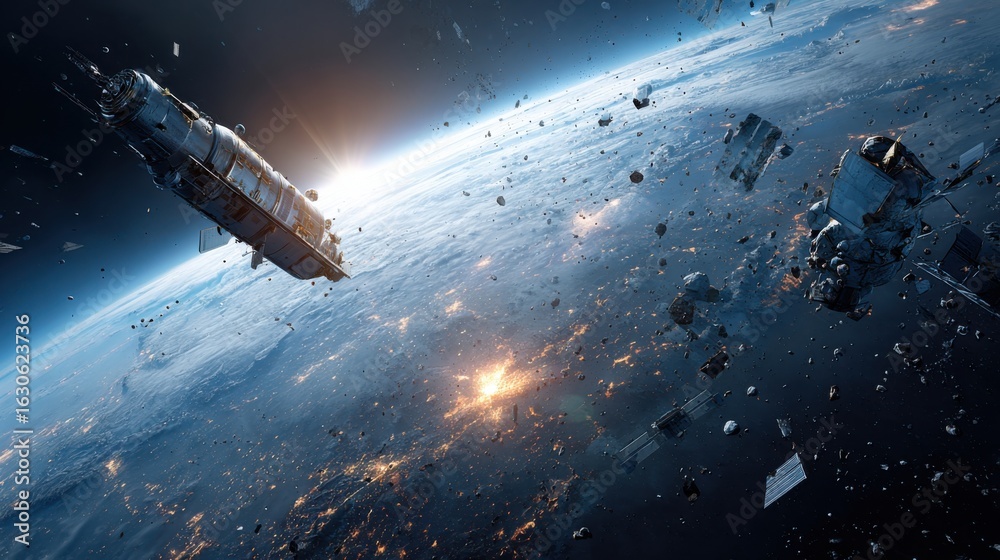 Obraz premium space debris damaged satellites earth