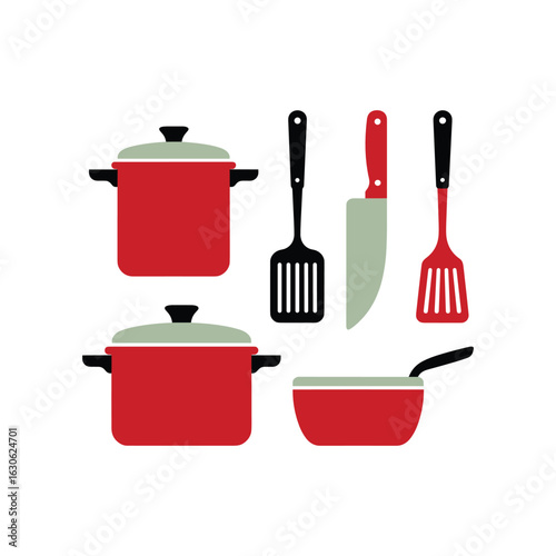 Red cooking pots and kitchen utensils set pans