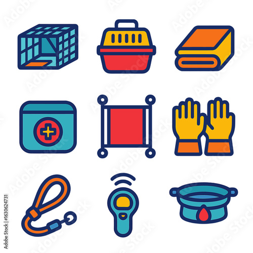 Animal Rescue Icon Set. Flat vector icons of animal rescue gear: animal trap cage, rescue carrier, thermal blanket, first aid pack