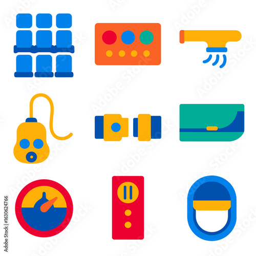 Aircraft System Icons. Flat vector icons of aircraft interior systems: passenger seating layout, cabin lighting panel, air