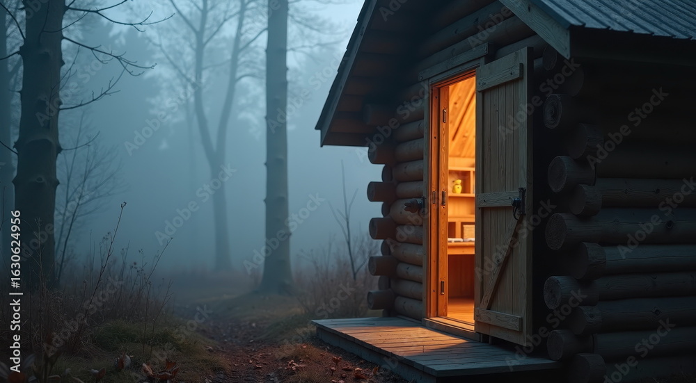 Obraz premium Wooden cabin door slightly ajar revealing warm interior lights in dense fog, minimalist forest escape concept.