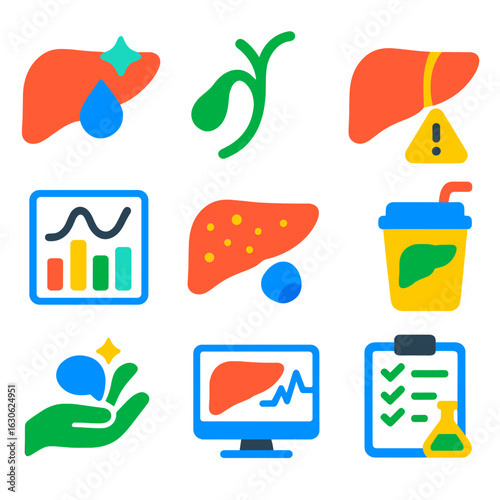 Liver Health Icons. Flat vector icons of liver and bile health: liver cleanse icon, bile duct flow, bile stone warning, enzyme