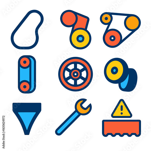 Automotive Belt Icons. Flat vector icons of automotive belts and pulleys: serpentine belt, tensioner pulley, belt routing diagram,