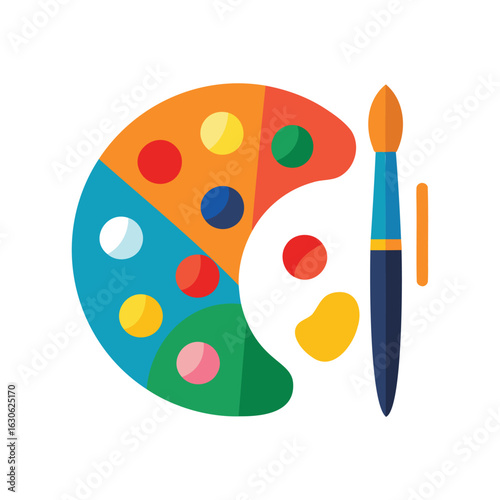 Art of colorful artists palette with paintbrush isolated on white background