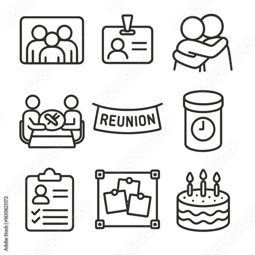 Reunion Line Icons. Line style icons of reunion events: group photo, name tag, hug icon, shared meal, reunion banner, time capsule