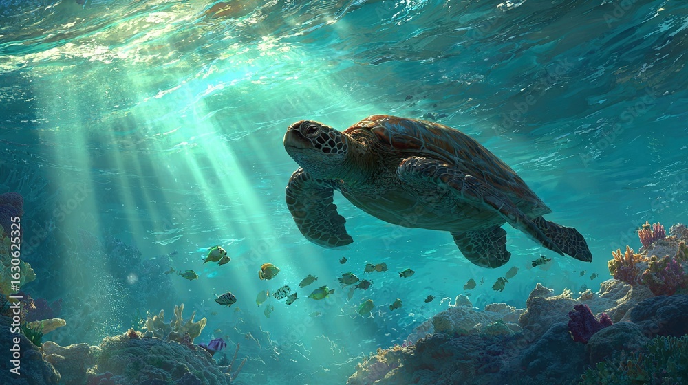 Obraz premium Turtle Swimming with Fish