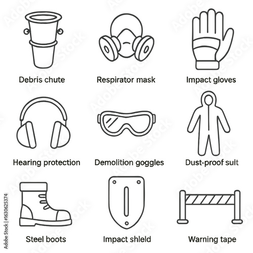 Demolition Safety Gear Icons. Line style icons of demolition safety gear: debris chute, respirator mask, impact gloves, hearing