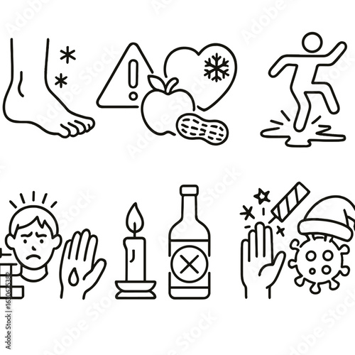 Seasonal Medical Icons. Line style icons of seasonal medical risks: frostbite foot, holiday food allergy alert, heart with cold