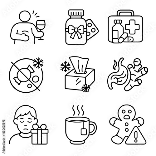 Holiday Health Icons. Line style icons of holiday-specific illnesses and treatment: overindulgence icon, indigestion meds with bow