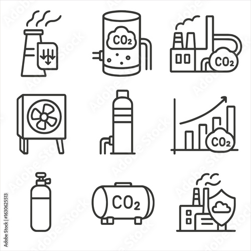Industrial CO2 Capture Icons. Line style icons of industrial CO2 capture: smokestack with filtration icon, CO2 separation chamber,