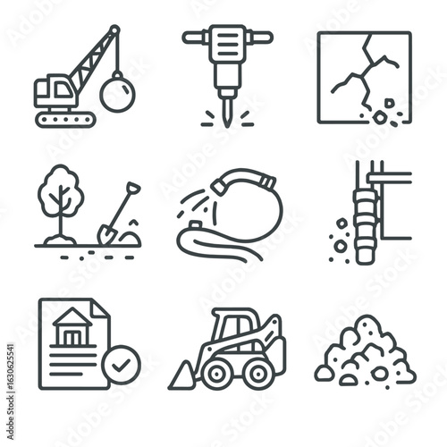 Demolition Icon Set. Line style icons of demolition before excavation: wrecking ball crane, demolition jackhammer, cracked