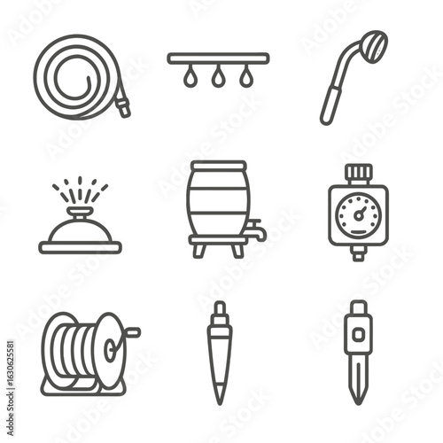 Watering System Icons. Line style icons of watering systems: garden hose, drip irrigation line, watering wand, sprinkler head,