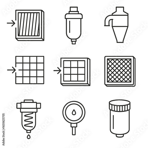 Air Filtration Icons. Line style icons of air filtration components: intake air filter, inline filter housing, dust trap,