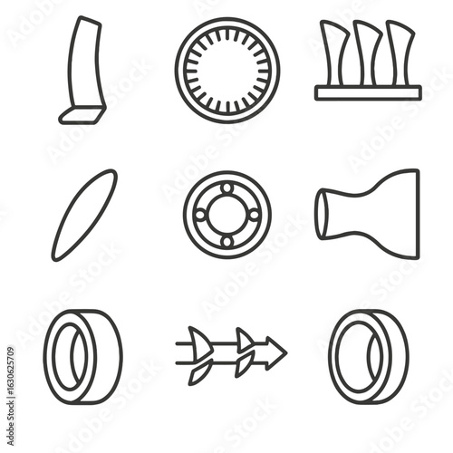 Axial Compressor Components. Line style icons of axial compressor modules: axial rotor blade, stator ring, multistage blade row,