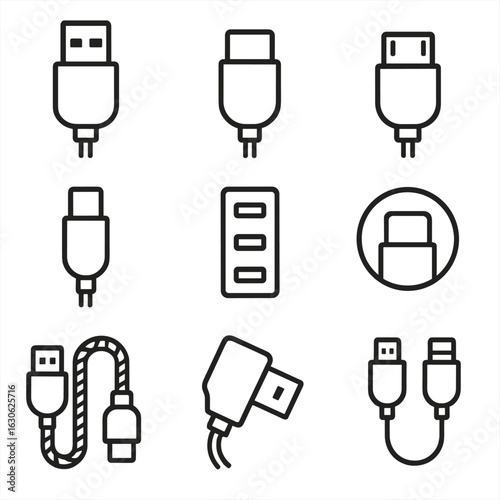 USB Connector Icons. Line style icons of USB connectors for charging: USB-A plug, USB-C connector, micro USB tip, Lightning cable