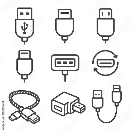 USB Connector Icons. Line style icons of USB connectors for charging: USB-A plug, USB-C connector, micro USB tip, Lightning cable