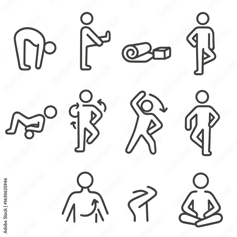 Fototapeta premium Flexibility Line Icons. Line style icons of flexibility and mobility: forward bend pose, stretching leg icon, yoga mat and blocks,