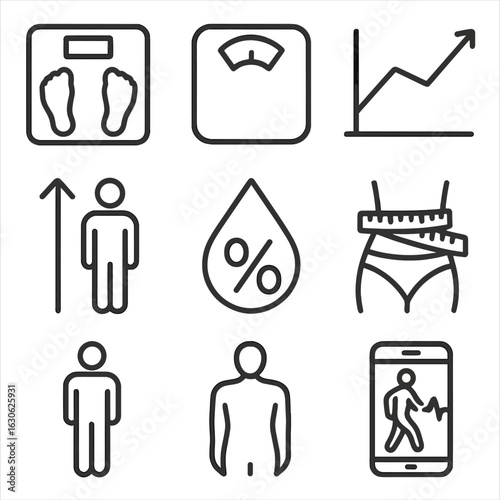 Body Measurement Icons. Line style icons of body tracking and measurements: smart scale, weight icon, tape measure, BMI chart,