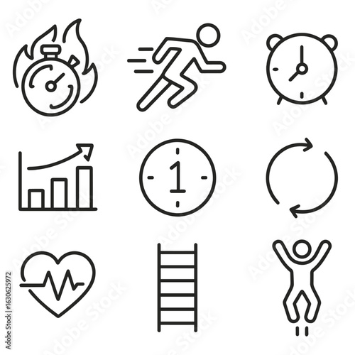 HIIT Training Line Icons. Line style icons of HIIT and interval training: stopwatch with flames, sprint icon, rest timer icon,