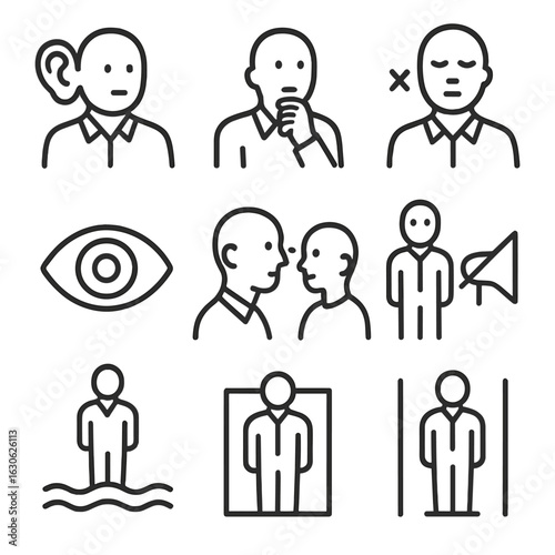 Quiet Leadership Icons. Line style icons of quiet leadership and presence: leader with listening ear, calm thinker pose, presence