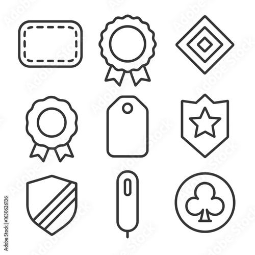 Stylized Badge Icons. Line style icons of badges and emblems: stitched patch icon, circular merit badge, elite level symbol,