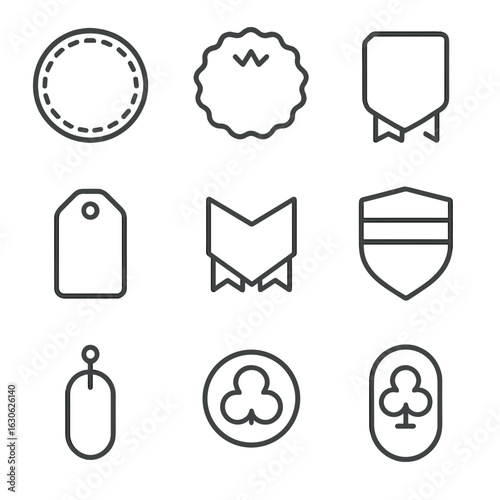 Stylized Badge Icons. Line style icons of badges and emblems: stitched patch icon, circular merit badge, elite level symbol,