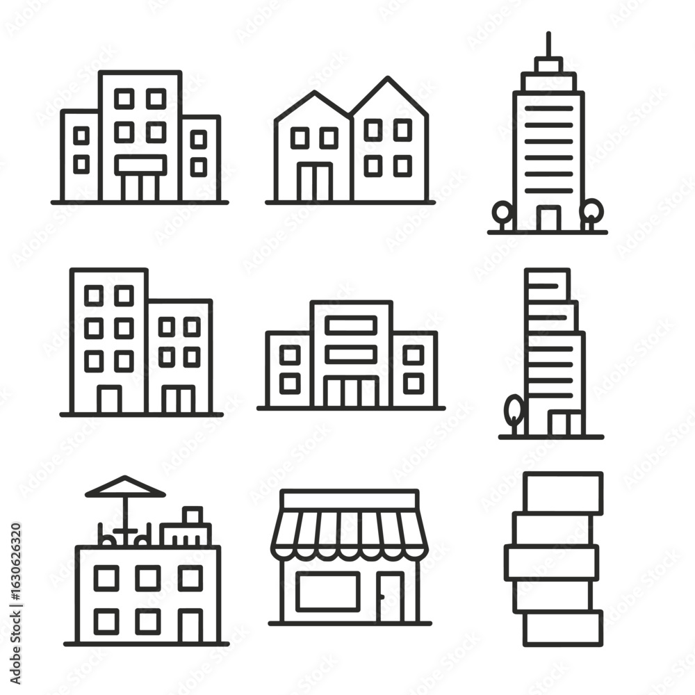 Obraz premium Urban Real Estate Icons. Line style icons of urban commercial real estate: office building, coworking hub, skyscraper icon,