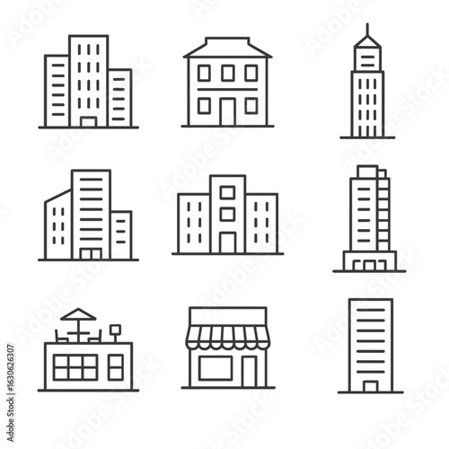 Urban Real Estate Icons. Line style icons of urban commercial real estate: office building, coworking hub, skyscraper icon,